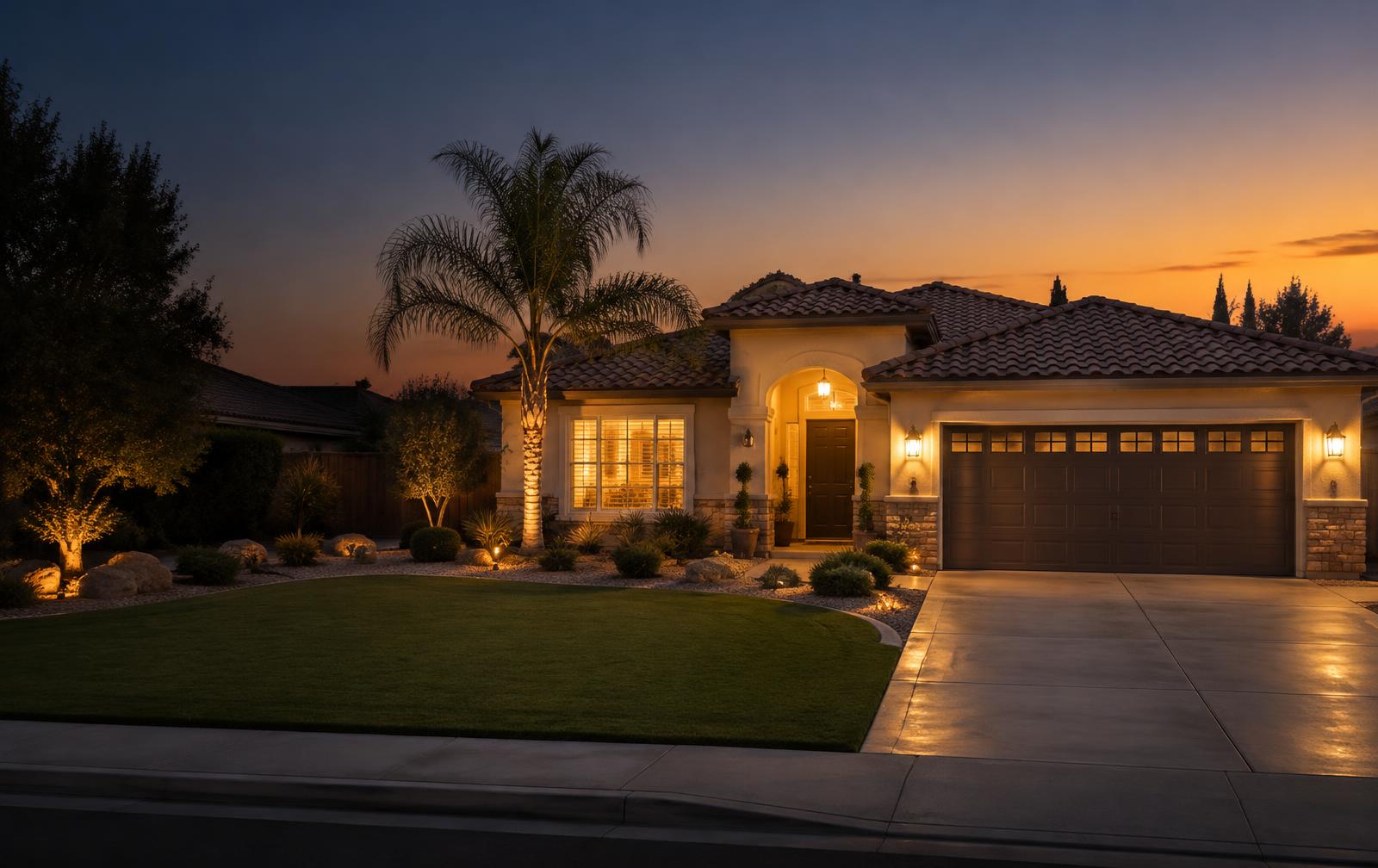 Single-story stucco home in a Bakersfield neighborhood at dusk